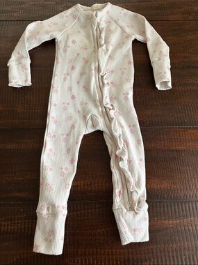 Little & Fern White Ribbed One-Piece with Pink Floral Print and Ruffle Zip
